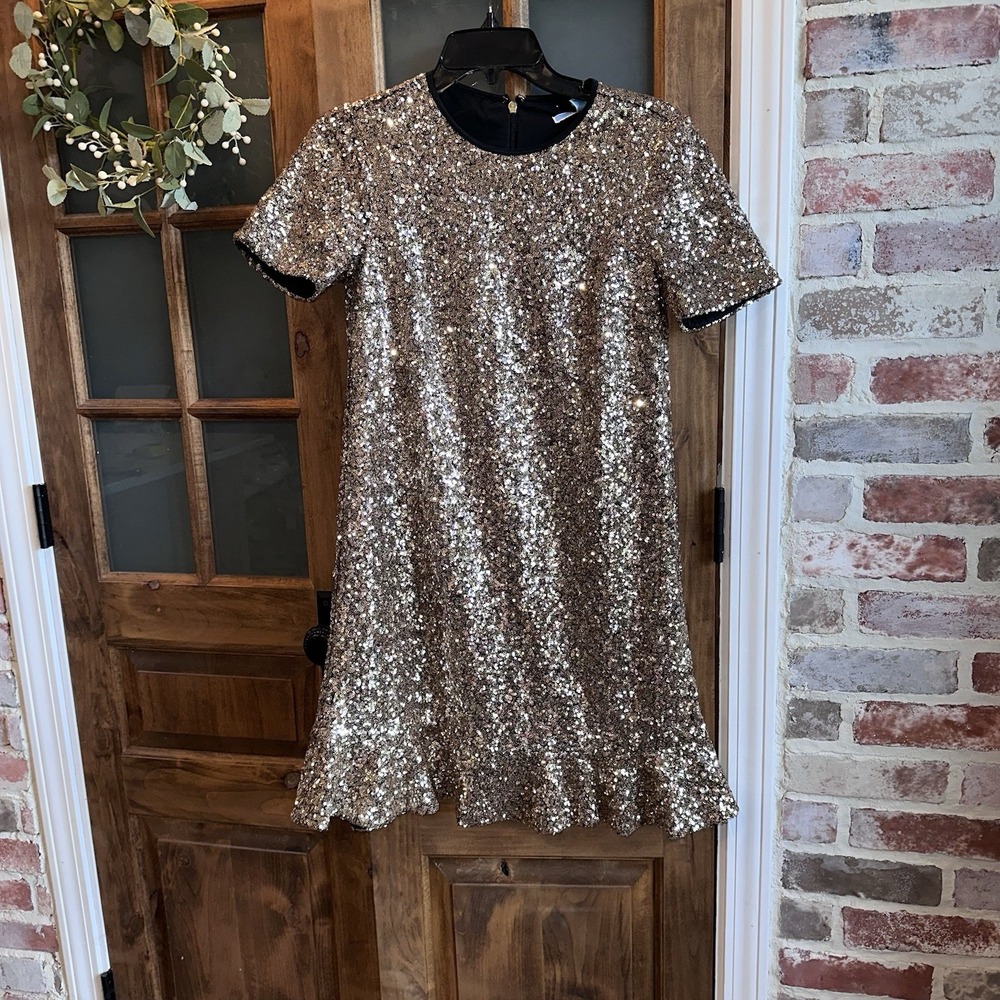 Draper James Sequin Shift Dress Women 2 Gold Ruffle Hem Short Sleeve Mini‎ Party